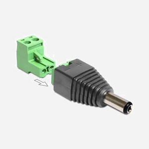 DeLOCK 65422 : Adaptateur DC 2.1 x 5.5 mm mâle vers connecteur 2p - Couleur Noir/Vert - Raccordement alimentation - Spécification technique détaillée
