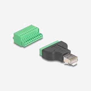 DeLOCK Adaptateur RJ50 mâle vers Bornier 11-Pin avec Bouton-Poussoir - Connecteur Droit, Boîtier PVC Noir/Vert - Dimensions 33x43x20mm