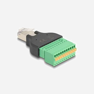 DeLOCK Adaptateur RJ50 mâle vers Bornier 11-Pin avec Bouton-Poussoir - Connecteur Droit, Boîtier PVC Noir/Vert - Dimensions 33x43x20mm - Miniature 2