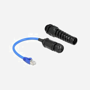 DeLOCK Câble RJ45 Cat.6 SF/UTP Mâle-Femelle 0.25m IP68 avec Presse-Étoupe et Protection Coudée - AWG26 - Noir/Bleu - -10°C à 65°C