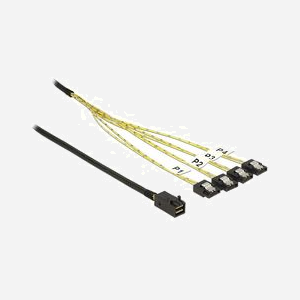 DeLOCK 83393 : Câble SAS 1m - Connecteur Mini SAS HD x4 SFF 8643 vers 4x SATA 7p (Mâle/Femelle) Noir/Argent - Miniature 1