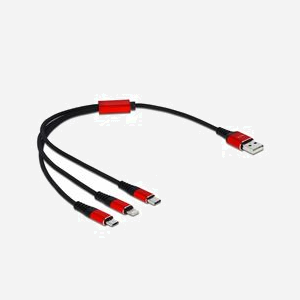 DeLOCK Câble USB 2.0 Type-A vers Lightning/Micro USB-B/USB Type-C 30cm, 5V/3A, 22 AWG, Noir/Rouge, Conducteur Cuivre - Miniature 1
