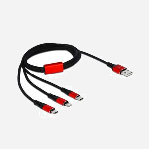 DeLOCK Câble USB 2.0 Type-A vers Lightning / Micro USB-B / USB Type-C, 1m, Noir/Rouge, 22 AWG, 5V/3A, Conducteur cuivre, Blindage textile - Miniature 1