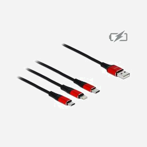 DeLOCK Câble USB 2.0 Type-A vers Lightning / Micro USB-B / USB Type-C, 1m, Noir/Rouge, 22 AWG, 5V/3A, Conducteur cuivre, Blindage textile - Miniature 2