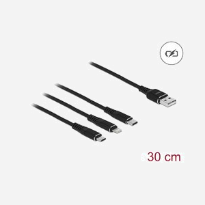 DeLOCK Câble USB 2.0 Type-A vers Lightning / Micro USB / USB Type-C, 30cm, Noir, 22 AWG, 5V/3A max, Connecteurs mâles droits - Miniature 2