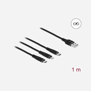 DeLOCK Câble USB 2.0 Type-A vers Lightning/Micro USB-B/USB Type-C, 1m, Noir, 5V/3A, AWG22 - Miniature 2