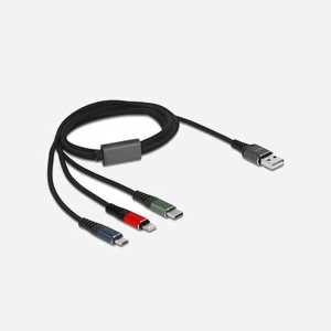DeLOCK Câble USB 2.0 Type-A vers Lightning/Micro USB-B/USB Type-C, 1m, 22 AWG, 5V/3A, Tresse Textile, Noir/Rouge/Vert/Bleu - Miniature 1