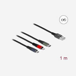 DeLOCK Câble USB 2.0 Type-A vers Lightning/Micro USB-B/USB Type-C, 1m, 22 AWG, 5V/3A, Tresse Textile, Noir/Rouge/Vert/Bleu - Miniature 2