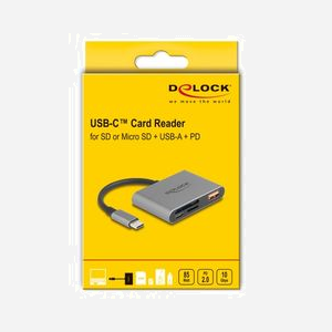 DeLOCK 91016 Lecteur Cartes Mémoire USB 2.0 Type-C Gris - Compatible MicroSD/SD - Transfert 10000 Mbit/s - Boîtier Métal - Support Windows/macOS/Linux - Miniature 3