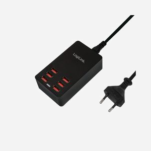LogiLink PA0139 Chargeur Secteur Universel 6 Ports USB 2.0 (5V, 6.4A, 32W) Protections Surtension/Sur-courant/Court-circuit Noir, Entrée 100-240V