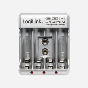 LogiLink PA0168 : Chargeur secteur 100-240V pour 4 batteries NiMH, sortie 9V, protection sur-courant/surtension, indicateur LED de charge - Miniature 1