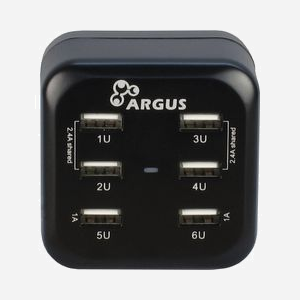 Inter-Tech Argus LS-6US USB Chargeur Secteur Universel Noir 5V/6.8A, Entrée 100-240V/1A, avec LED, Dimensions 675x580x675mm, Poids 170g