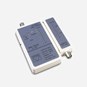Testeur de câble réseau Inter-Tech 88887209 : RJ-11, RJ-45, test court-circuit et transmission, couleur grise, indicateurs LED, alimentation 9V, 110g. - Miniature 1