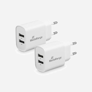 MediaRange MRMA114 Chargeur Secteur 12W Double USB-A 2.4A (5V) 100-240V, Protections Surtension/Surcharge/Surchauffe/Court-circuit, Blanc