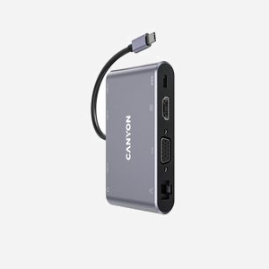 Canyon CNS-TDS14 : Hub USB-C 3.2 Gen 1, Power Delivery 100W, HDMI 4K 60Hz, VGA, RJ45, 3x USB-A 3.2 Gen 1, Gris, Aluminium