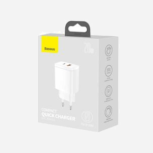 Baseus CCXJ-B02 Chargeur Secteur Universel 20W Blanc - 1x USB-C + 1x USB-A, 100-240V, Quick Charge, Sortie 5V/3A, 9V/2.22A, 12V/1.67A - Miniature 3