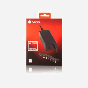 NGS Adaptateur Secteur Universel W-45W 45W 100-240V CA vers CC Noir, Sortie USB 2A, 8 Embouts Interchangeables, Voltage Automatique 19-20V, Protections Surtension/Surchauffe/Court-circuit - Miniature 2