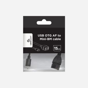Gembird A-OTG-AFBM-002 : Câble USB 2.0 OTG Mini-USB B mâle vers USB A femelle Noir 0.15m, connecteurs plaqués or, poids 16g.