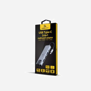 Gembird A-CM-COMBO5-04 Adaptateur Multiport USB Type-C 5-en-1 : USB 3.2 Gen 1, HDMI 4K 30Hz, Power Delivery 87W, LAN 10/100 Mbps