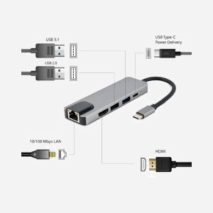 Gembird A-CM-COMBO5-04 Adaptateur Multiport USB Type-C 5-en-1 : USB 3.2 Gen 1, HDMI 4K 30Hz, Power Delivery 87W, LAN 10/100 Mbps - Miniature 3
