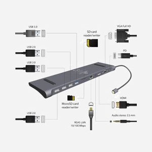 Gembird A-CM-COMBO11-01 : Adaptateur Multi-Ports USB Type-C 11-en-1 - USB 3.2 Gen 1, HDMI 4K 30Hz, VGA, USB-PD 87W, Lecteur Cartes SD/MicroSD, LAN, Audio 3.5mm - Miniature 3