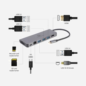 Gembird A-CM-COMBO5-05 : Adaptateur USB-C 3.2 Gen 1 Hub 8 Ports (3x USB-A, 1x USB-C, HDMI 4K 30Hz, RJ45 Gigabit Ethernet, Lecteur SD/MicroSD, PD 100W) Gris - Miniature 4