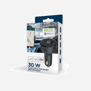 Gembird Chargeur Auto USB 30W Power Delivery & Quick Charge 3.0 avec LCD (1x USB-A, 1x USB-C), 12-24V, Protection Surtension/Court-circuit
