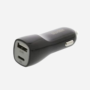 Sweex CH-014BL Chargeur Auto Allume-cigare 12-24V, 1x USB 2.0, 1x USB Type-C, 3400mA Smartphone Tablette, Noir/Gris, 45x105x150mm