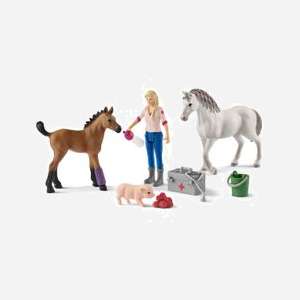 schleich FARM WORLD 42486 : Visite vétérinaire jument & poulain Quarter Horse, Multicolore, 3-8 ans, Figurine vétérinaire et 3 animaux, 190x55x115mm, Allemagne.