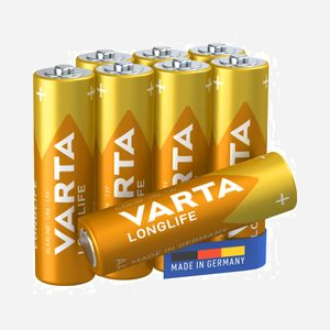 Varta Longlife AA Pile Alcaline Usage Unique 1.5V - 8 unités - Dimensions 50.5mm x 14.5mm - Poids 23.2g - Fabrication Allemande Ref 04106-101-418
