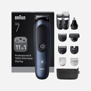 Braun AIO7540 Tondeuse Corps & Barbe Noir/Bleu, 0.5-21mm, Autonomie 120min, Batterie Li-Ion, Charge Rapide 5min, 9 Peignes, Base de Charge