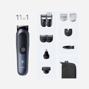 Braun AIO7540 Tondeuse Corps & Barbe Noir/Bleu, 0.5-21mm, Autonomie 120min, Batterie Li-Ion, Charge Rapide 5min, 9 Peignes, Base de Charge - Miniature 2