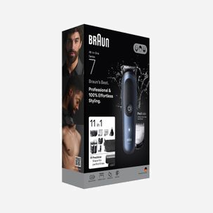 Braun AIO7540 Tondeuse Corps & Barbe Noir/Bleu, 0.5-21mm, Autonomie 120min, Batterie Li-Ion, Charge Rapide 5min, 9 Peignes, Base de Charge - Miniature 3