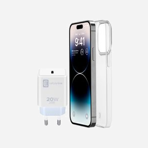 Cellularline Starter Kit iPhone 14 Pro Max : Coque Caoutchouc Transparent, Chargeur USB-C 20W - Compatibilité Apple, Protection Chocs/Rayures - Miniature 1