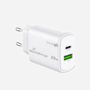 MediaRange MRMA112-2 Chargeur Secteur 25W GaN, USB-C & USB-A, Quick Charge 3.0, Power Delivery 3.0, Protection Surtension/Surchauffe/Court-circuit, Blanc - Miniature 2