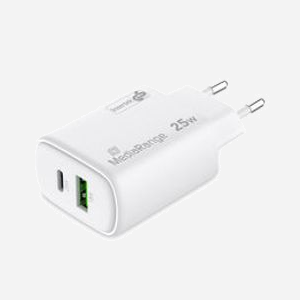 MediaRange MRMA112-2 Chargeur Secteur 25W GaN, USB-C & USB-A, Quick Charge 3.0, Power Delivery 3.0, Protection Surtension/Surchauffe/Court-circuit, Blanc - Miniature 3