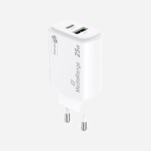 MediaRange MRMA112-2 Chargeur Secteur 25W GaN, USB-C & USB-A, Quick Charge 3.0, Power Delivery 3.0, Protection Surtension/Surchauffe/Court-circuit, Blanc - Miniature 4
