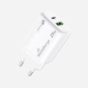 MediaRange MRMA112-2 Chargeur Secteur 25W GaN, USB-C & USB-A, Quick Charge 3.0, Power Delivery 3.0, Protection Surtension/Surchauffe/Court-circuit, Blanc - Miniature 5