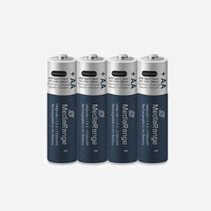 MediaRange MRBAT161 : Pack de 4 Piles AA Rechargeables Li-Ion 1.5V 1400mAh, Temps de Recharge 2h, 1200 Cycles, Poids 18g, Conditionnement Blister