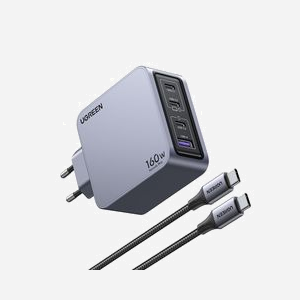 Ugreen Nexode Pro 160W Chargeur GaN 4 Ports (3x USB-C, 1x USB-A) Secteur Noir/Gris, Power Delivery 3.1, Protections Sur-courant/Surtension/Surchauffe, Câble USB-C inclus