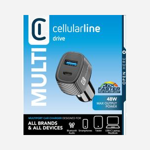 Cellularline Chargeur Auto CBRUSB2PD48WK: USB-C 30W Power Delivery + USB-A 18W, 12-24V, Universel Smartphones/Tablettes, Noir.