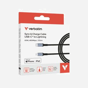 Verbatim Câble Lightning vers USB-C 1.2m Noir - USB 2.0, 480 Mbit/s, Power Delivery 60W, gaine nylon, diamètre 3.8mm - Réf. 31844 - Miniature 5