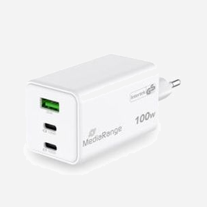 MediaRange MRMA123 Chargeur Secteur 100W GaN 2x USB-C (Power Delivery 3.0, PPS) + 1x USB-A (Quick Charge 3.0) pour Ordinateur Portable/Smartphone/Tablette