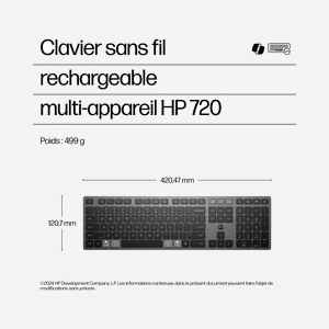 HP Clavier sans fil rechargeable multi-appareil 720 (9T5B1AA) USB + Bluetooth, Portée 10m, 10 millions de frappes, Compatible Windows/macOS/ChromeOS - Miniature 4