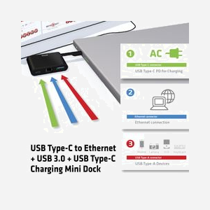 CLUB3D Mini Dock USB Type-C vers Ethernet Gigabit + USB 3.2 Gen 1 Type-A + USB Type-C Charging, 1x RJ45, Noir, 78x60x19mm, RoHS, CSV-1530 - Miniature 4