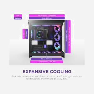NZXT H9 Flow RGB+ Noir - Boîtier PC Midi Tower ATX/EATX, Mesh/Verre trempé, Vent. 1x120mm, USB 3.2 Gen 1/Gen 2x2, Radiateurs 420/360/120 mm, Ref CM-H92FB-P1 - Miniature 4