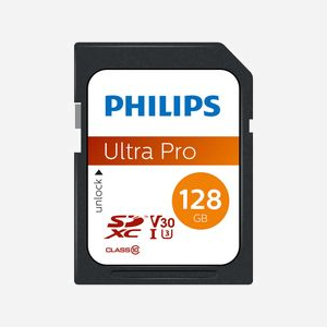 Philips SDXC 128 Go UHS-I U3 V30 Classe 10 FM12SD65B/00 (24x32x2.1mm, 2g) - Carte mémoire Flash SD Largeur 24mm Profondeur 2.1mm Hauteur 32mm