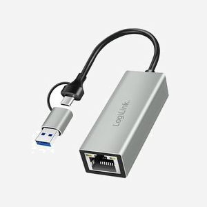 LogiLink UA0238B : Adaptateur Ethernet Gigabit USB 3.2 Gen 1 (Type-A/Type-C) 1000 Mbit/s, RJ-45, ABS, 24x60x17mm, Gris, Compatible PC/Laptop - Miniature 1