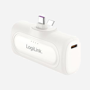 LogiLink PA0349W Batterie Externe 5000mAh Blanc, USB Type-C 20W (12V/3A), Charge Rapide, Power Delivery, Protection Surcharge/Court-circuit, avec câble USB Type-A vers Type-C