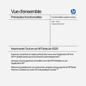 HP DeskJet 4320 All-in-One : Imprimante Couleur Jet d'Encre Thermique, 4800x1200 DPI, 8.5/5.5 ppm (Noir/Couleur ISO), Scanner 1200 DPI, Wi-Fi, HP Instant Ink, A4 - Miniature 3